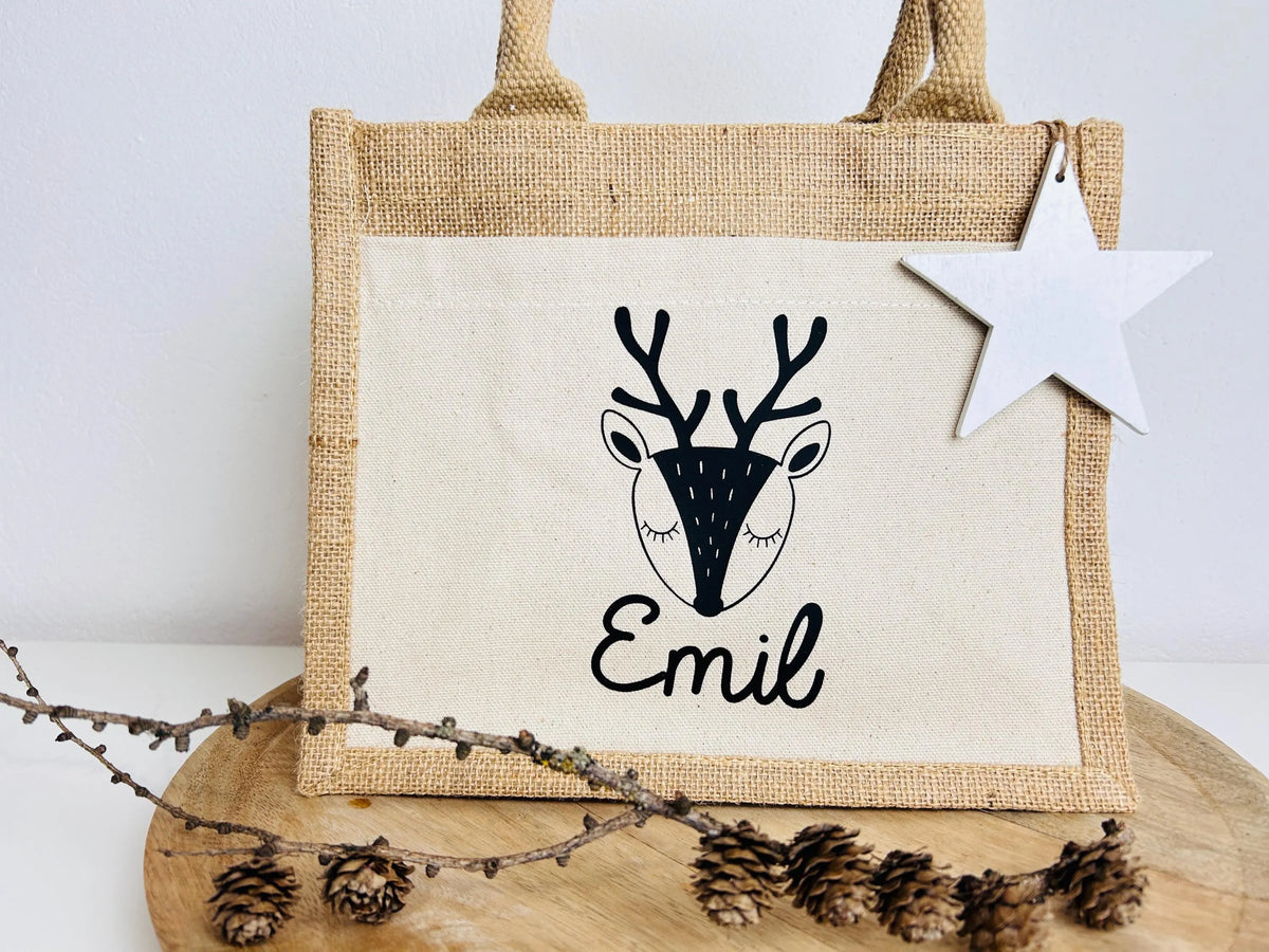 Kleine Jutetasche Rentier Geschenk Weihnachten personalisiert
