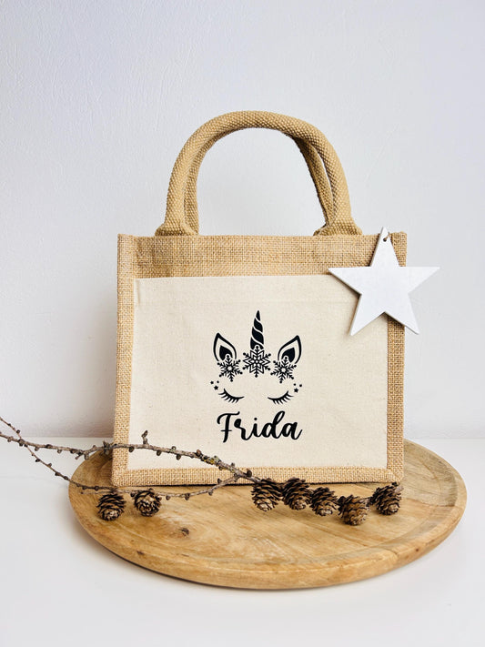 Kleine Jutetasche Einhorn Geschenk Weihnachten personalisiert