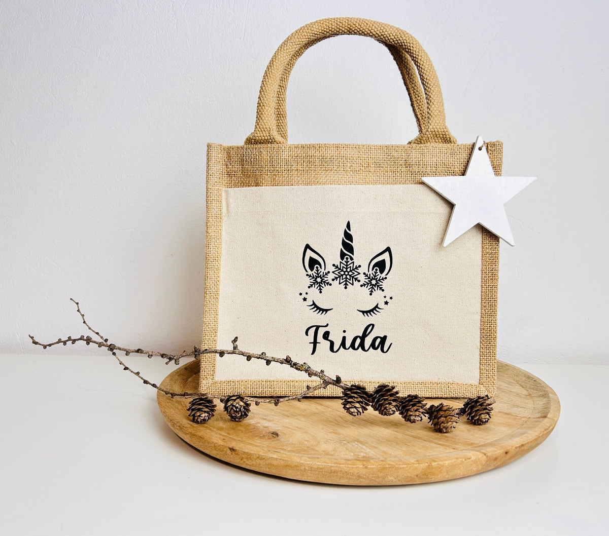 Kleine Jutetasche Einhorn Geschenk Weihnachten personalisiert