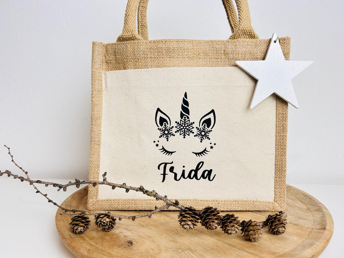 Kleine Jutetasche Einhorn Geschenk Weihnachten personalisiert