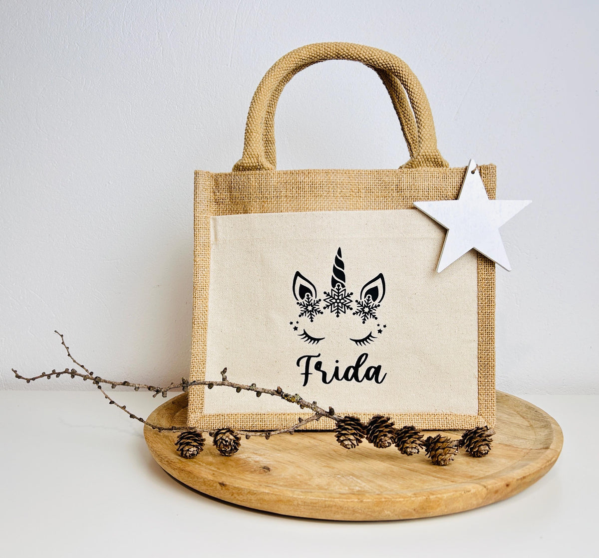 Kleine Jutetasche Einhorn Geschenk Weihnachten personalisiert