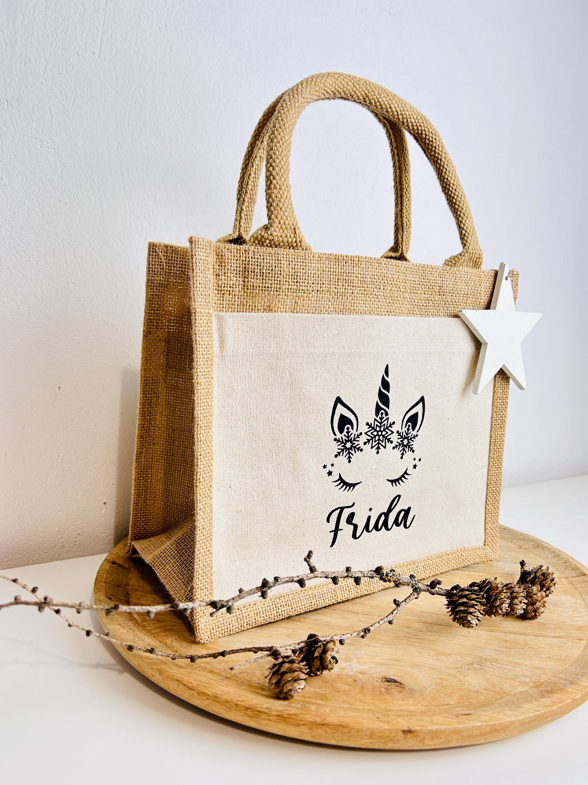 Kleine Jutetasche Einhorn Geschenk Weihnachten personalisiert