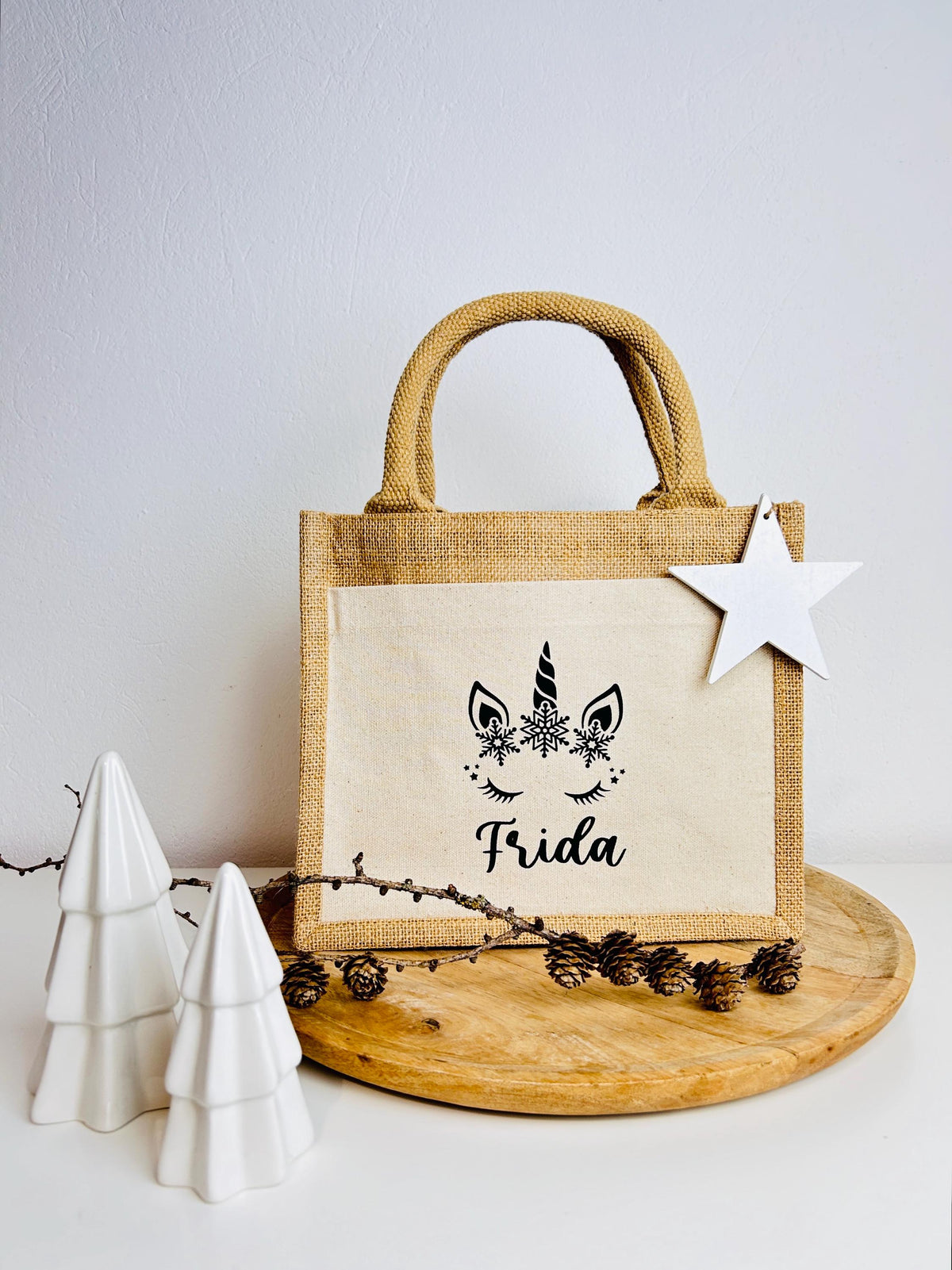 Kleine Jutetasche Einhorn Geschenk Weihnachten personalisiert