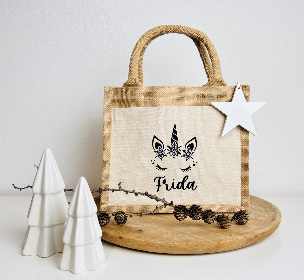 Kleine Jutetasche Einhorn Geschenk Weihnachten personalisiert