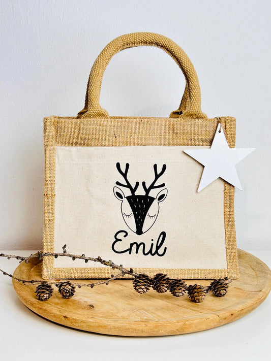 Kleine Jutetasche Rentier Geschenk Weihnachten personalisiert