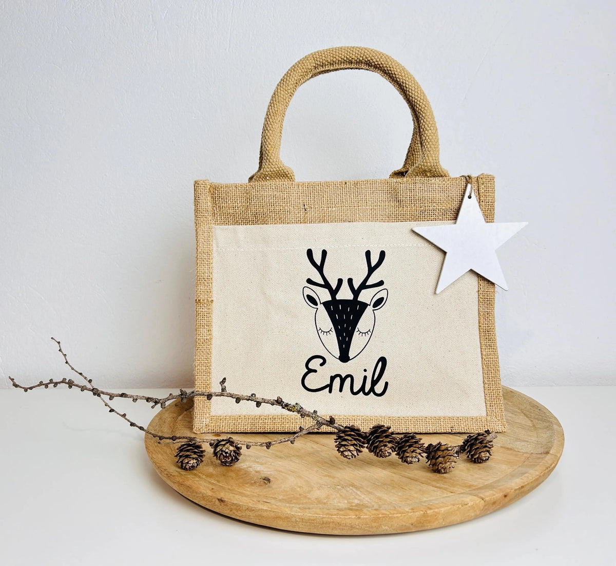 Kleine Jutetasche Rentier Geschenk Weihnachten personalisiert