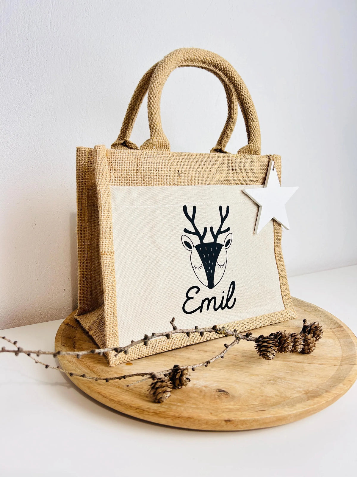 Kleine Jutetasche Rentier Geschenk Weihnachten personalisiert
