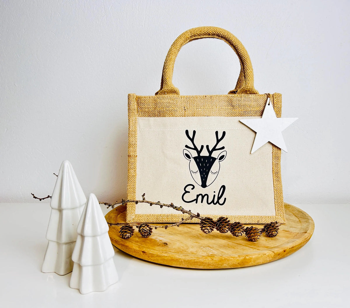 Kleine Jutetasche Rentier Geschenk Weihnachten personalisiert