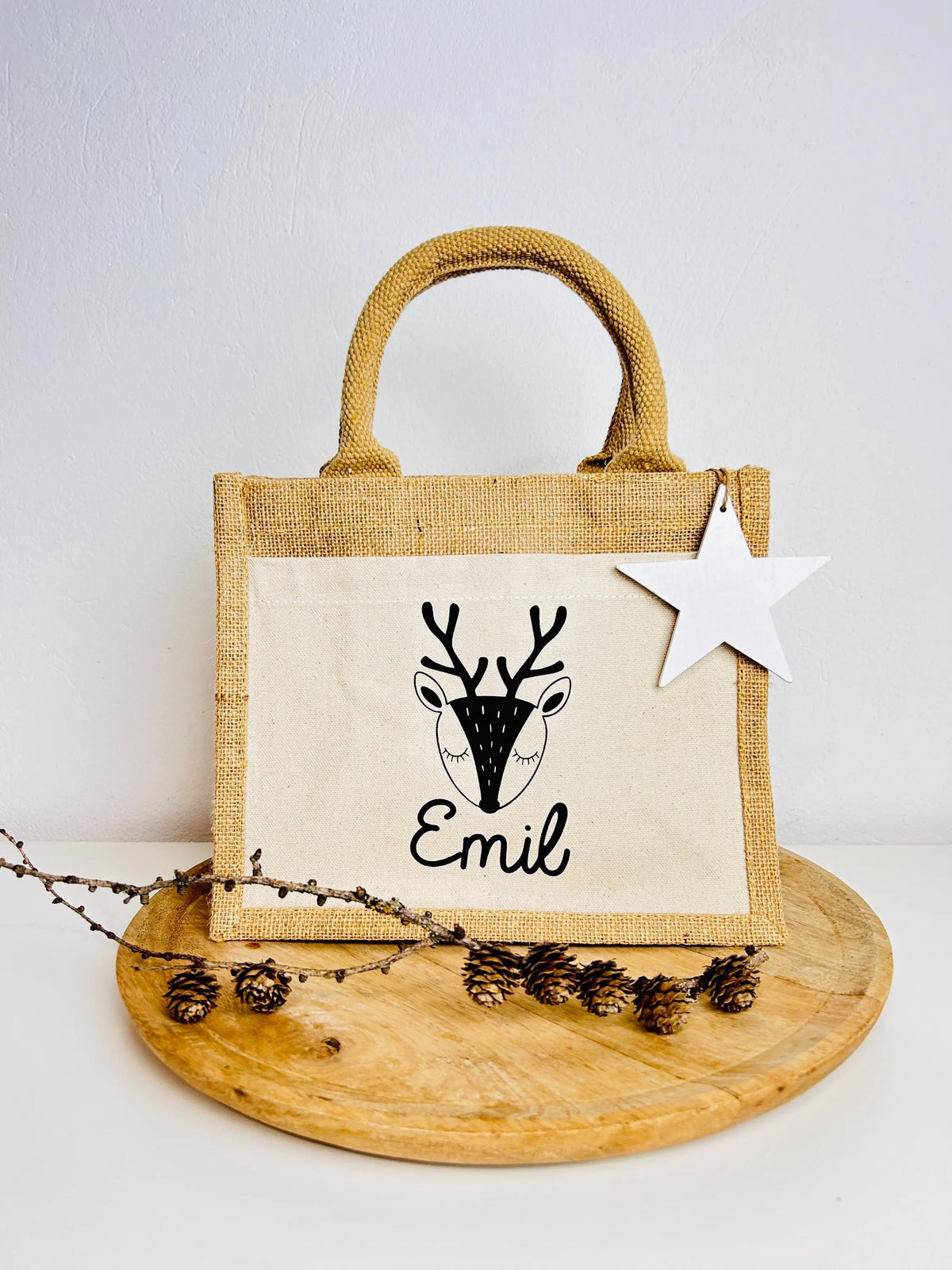 Kleine Jutetasche Rentier Geschenk Weihnachten personalisiert