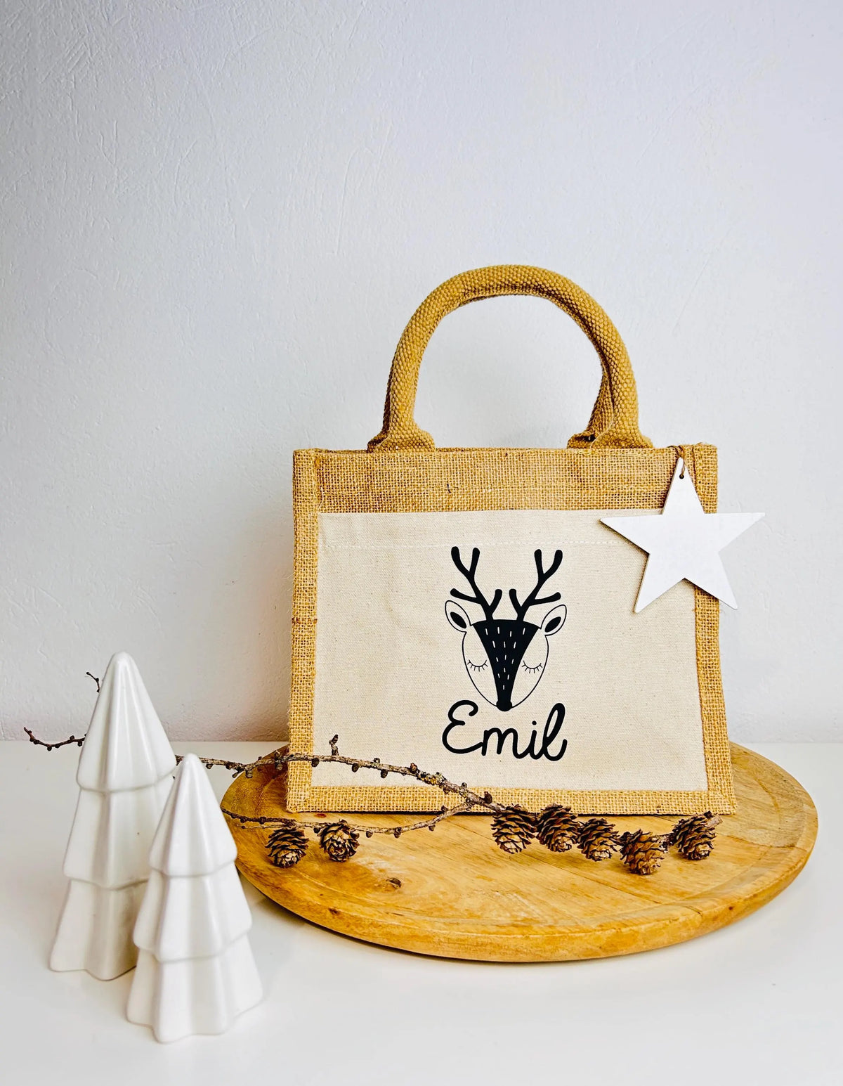 Kleine Jutetasche Rentier Geschenk Weihnachten personalisiert