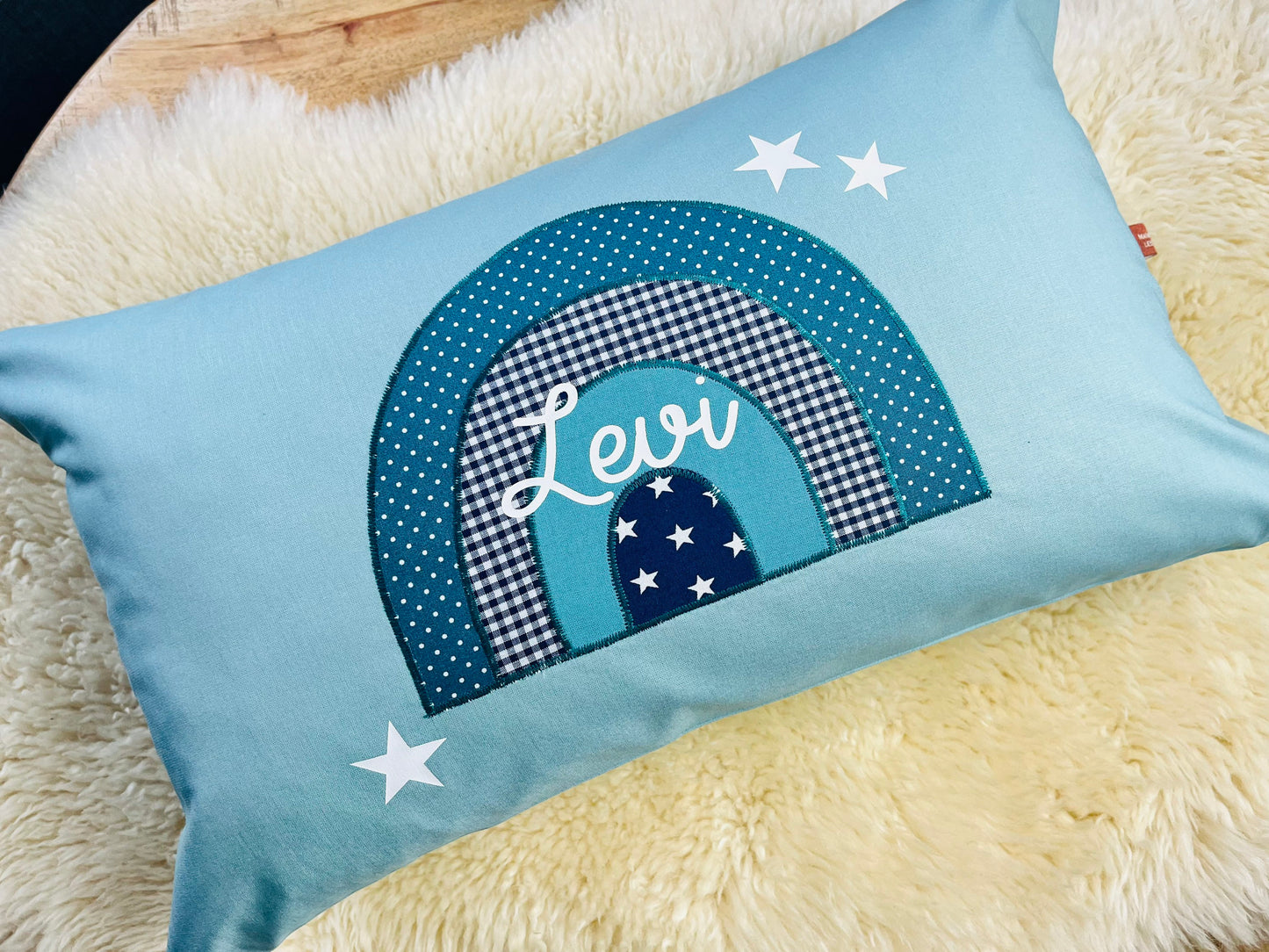Namenskissen Regenbogen personalisiert aqua blau