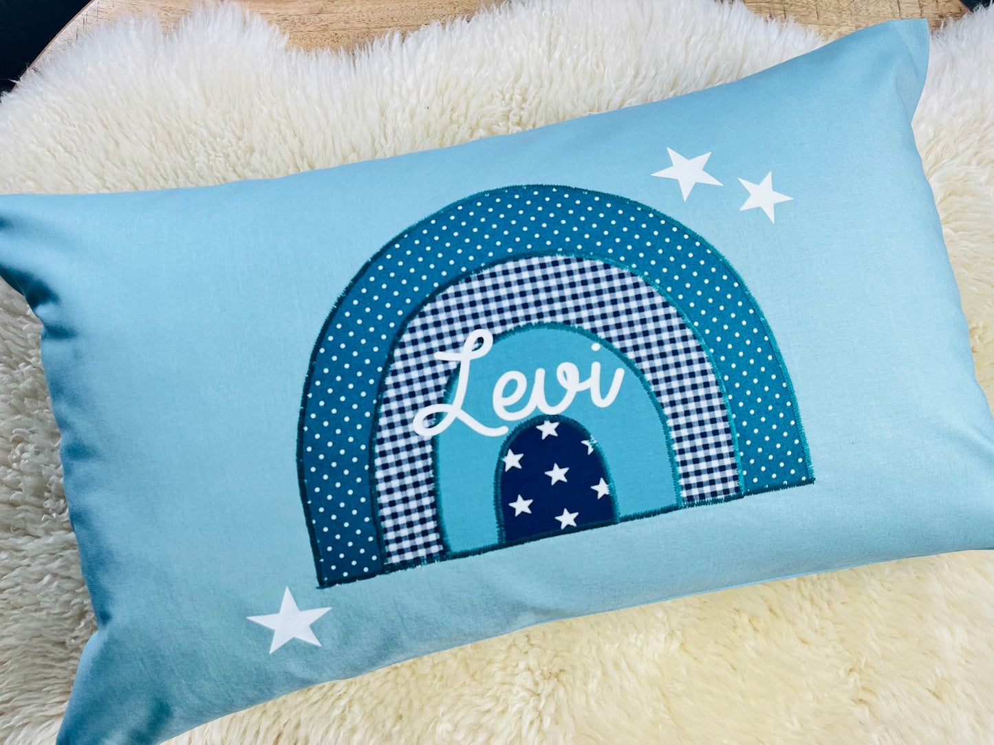 Namenskissen Regenbogen personalisiert aqua blau