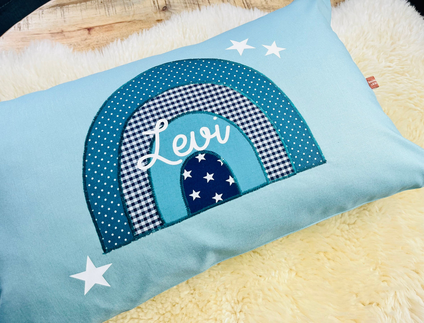 Namenskissen Regenbogen personalisiert aqua blau