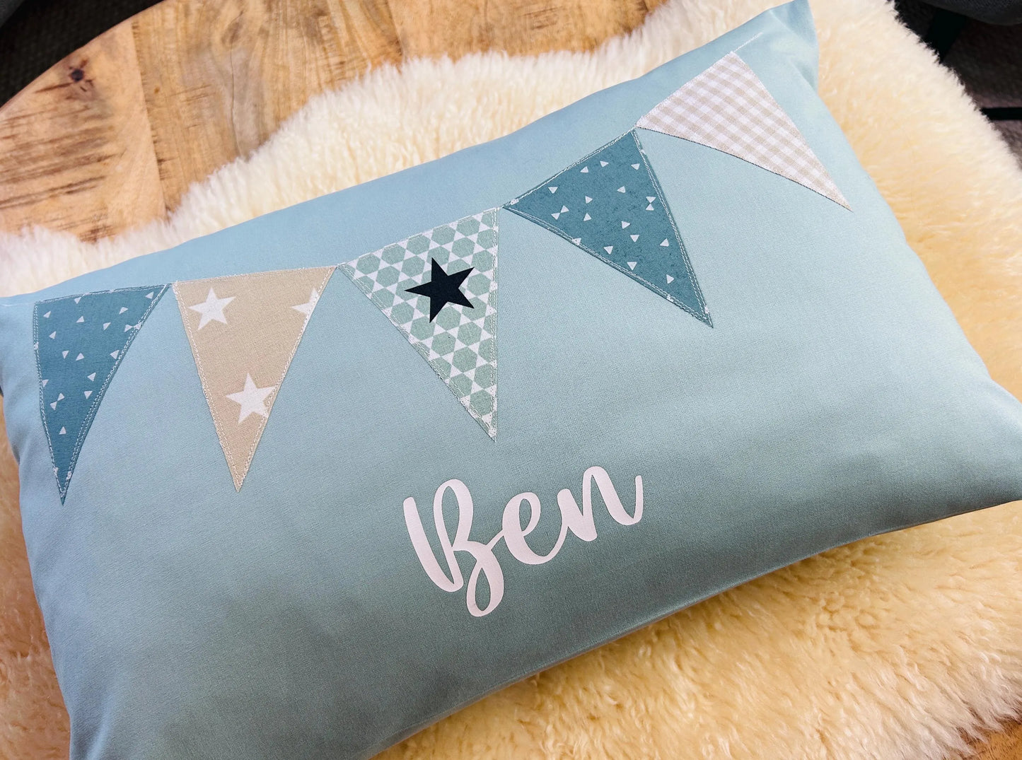 Namenskissen Wimpel personalisiert aqua