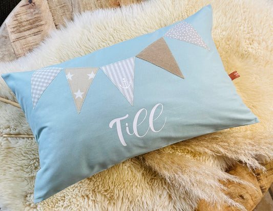 Namenskissen Wimpel personalisiert aqua beige