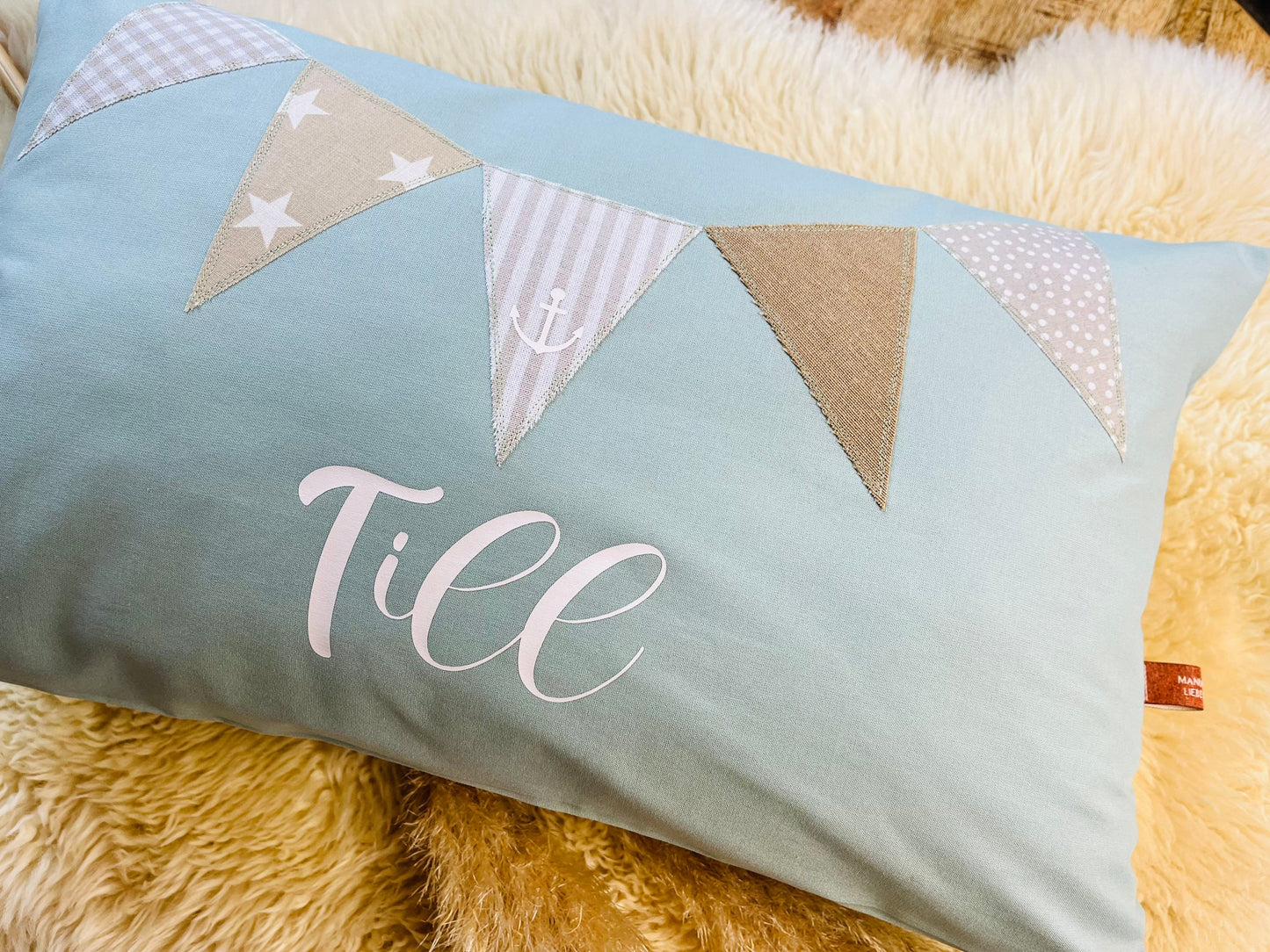 Namenskissen Wimpel personalisiert aqua beige
