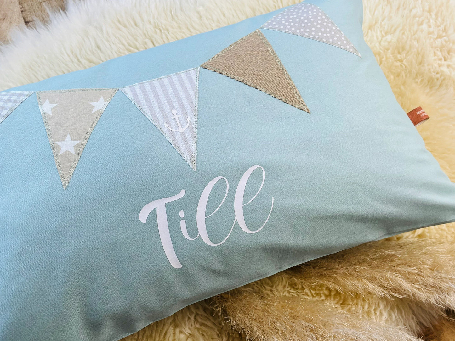Namenskissen Wimpel personalisiert aqua beige