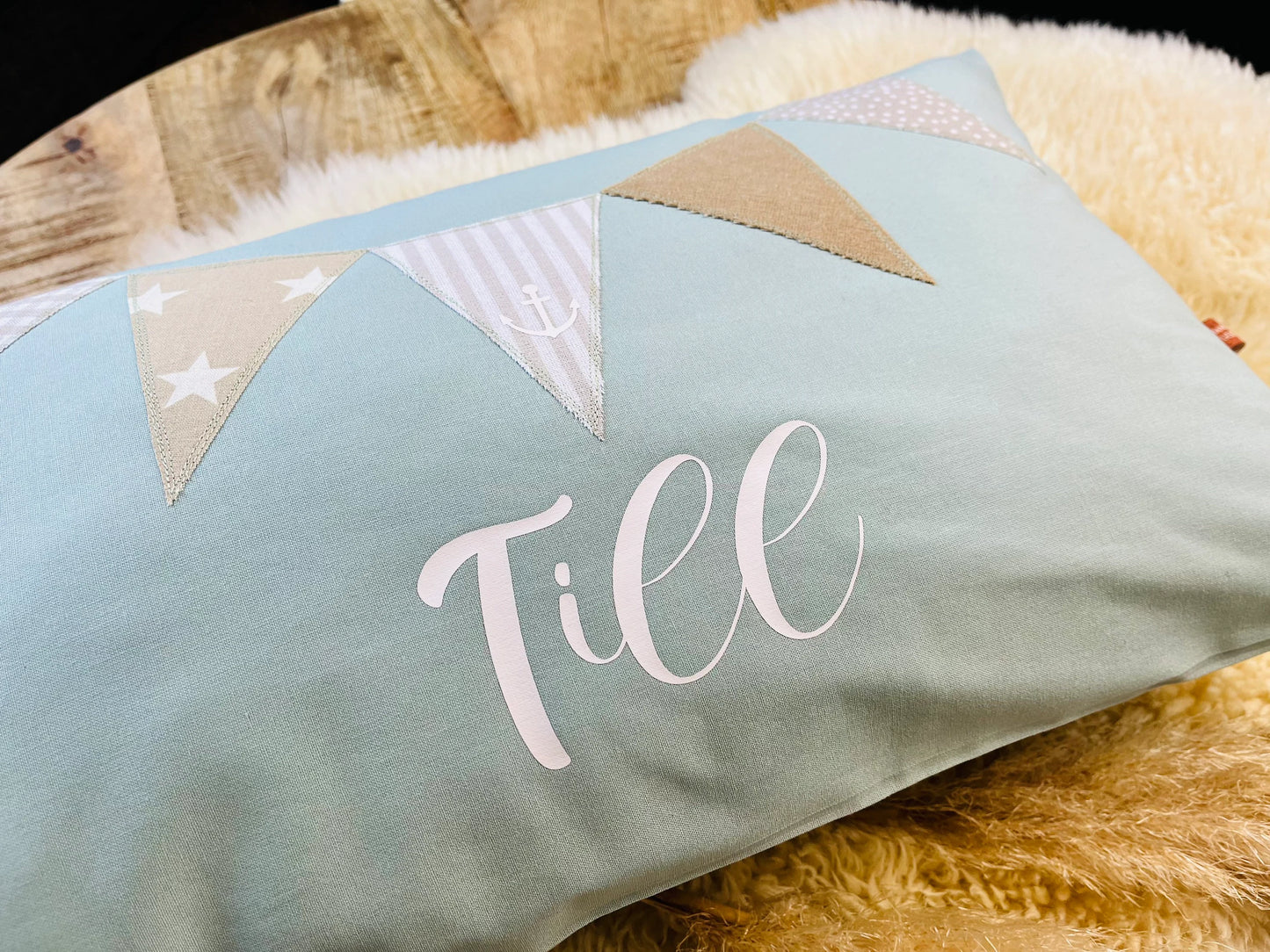Namenskissen Wimpel personalisiert aqua beige