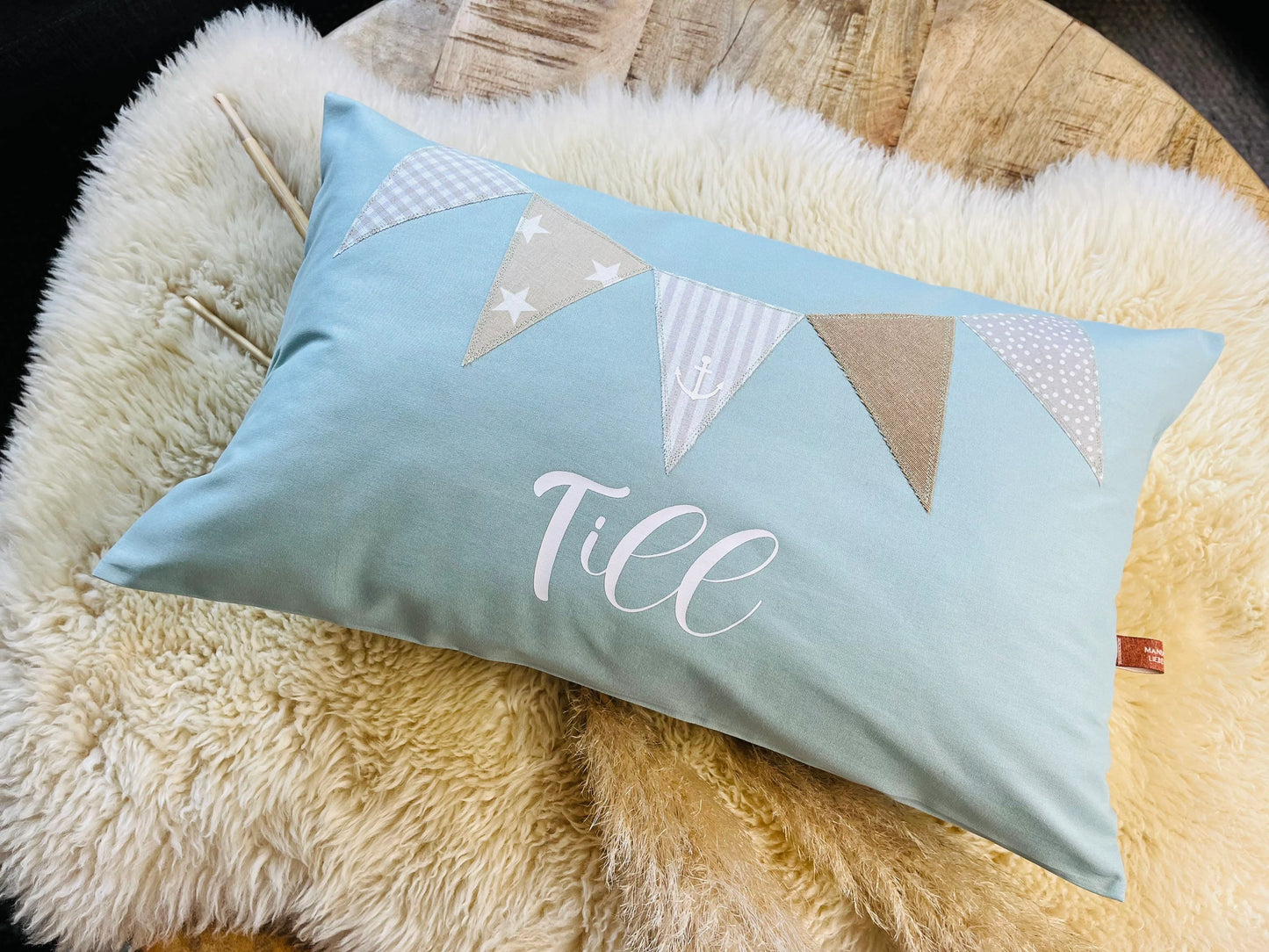 Namenskissen Wimpel personalisiert aqua beige